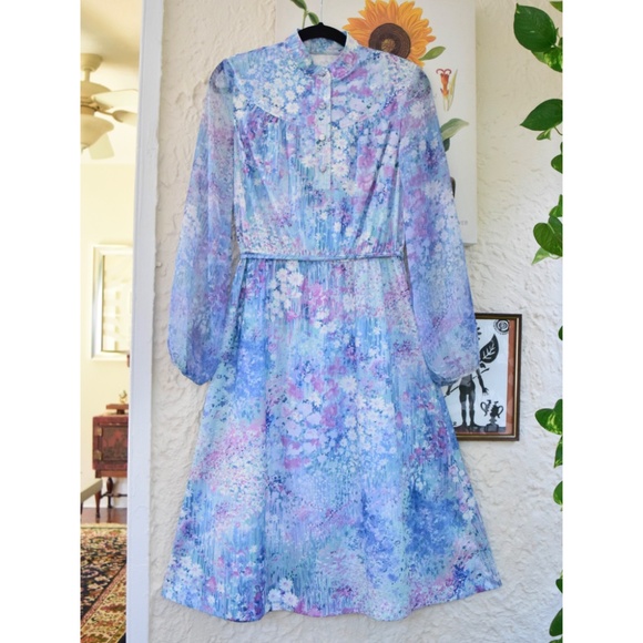 70s blue purple green impressionist floral spring dress (M) - Picture 2 of 7